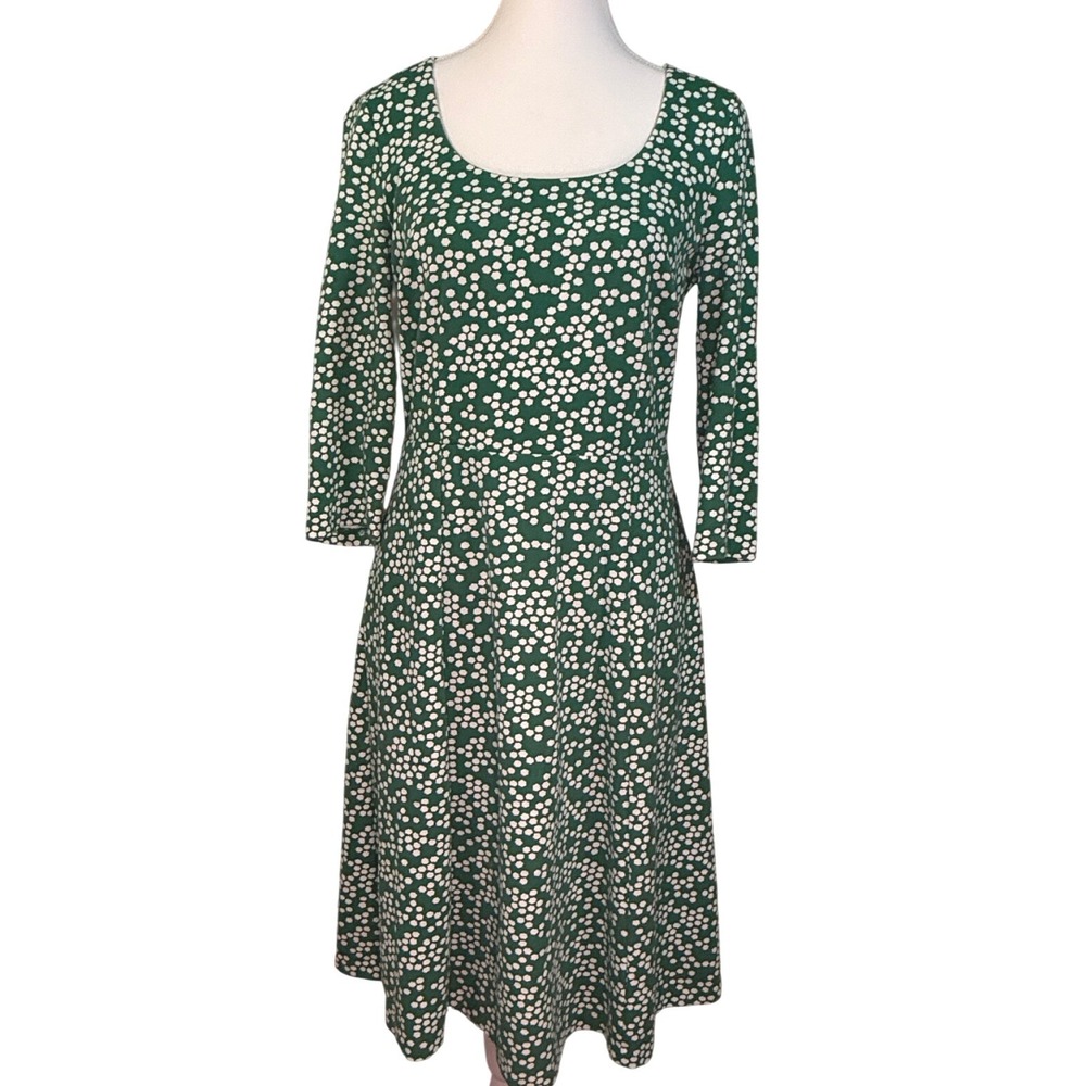 Boden A-Line Dress Womens Size 6R Green White Dot Print 3/4 Sleeve Scoop Neck
